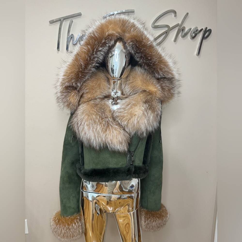 Olive Suede Bomber Jacket with Luxurious Fur Trim